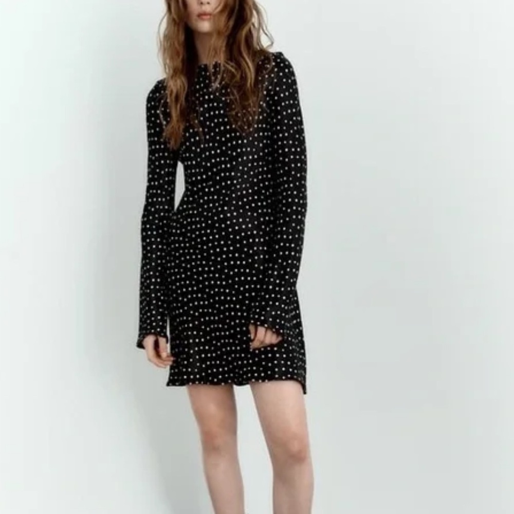 Zara Black & White Polka Dot Long Sleeve Satin Mini Dress